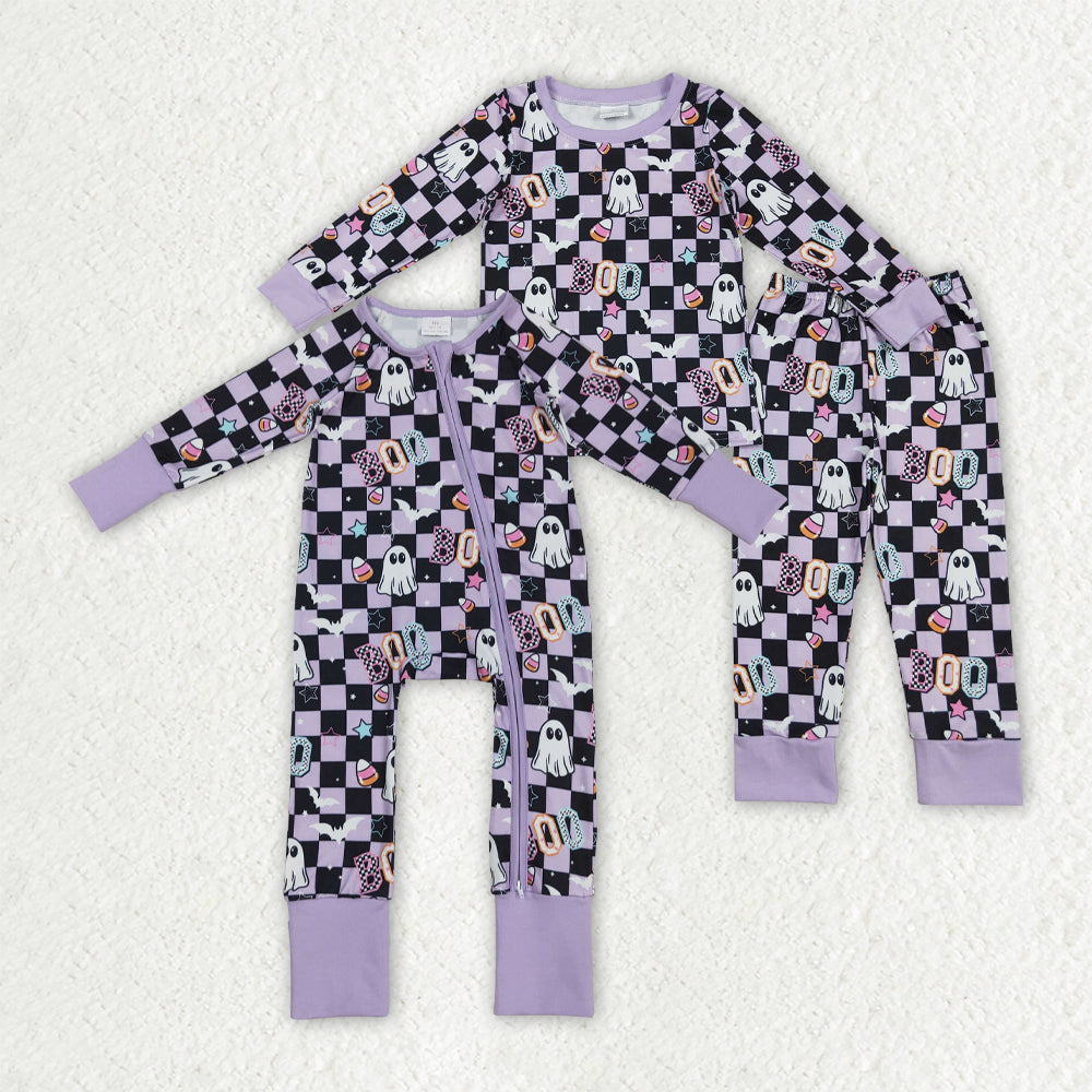 Sibling Baby Girls Black Lavender Checked Ghosts Halloween Pajamas Sets Zipper Footie Rompers
