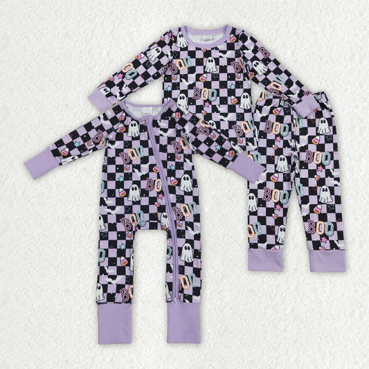Sibling Baby Girls Black Lavender Checked Ghosts Halloween Pajamas Sets Zipper Footie Rompers