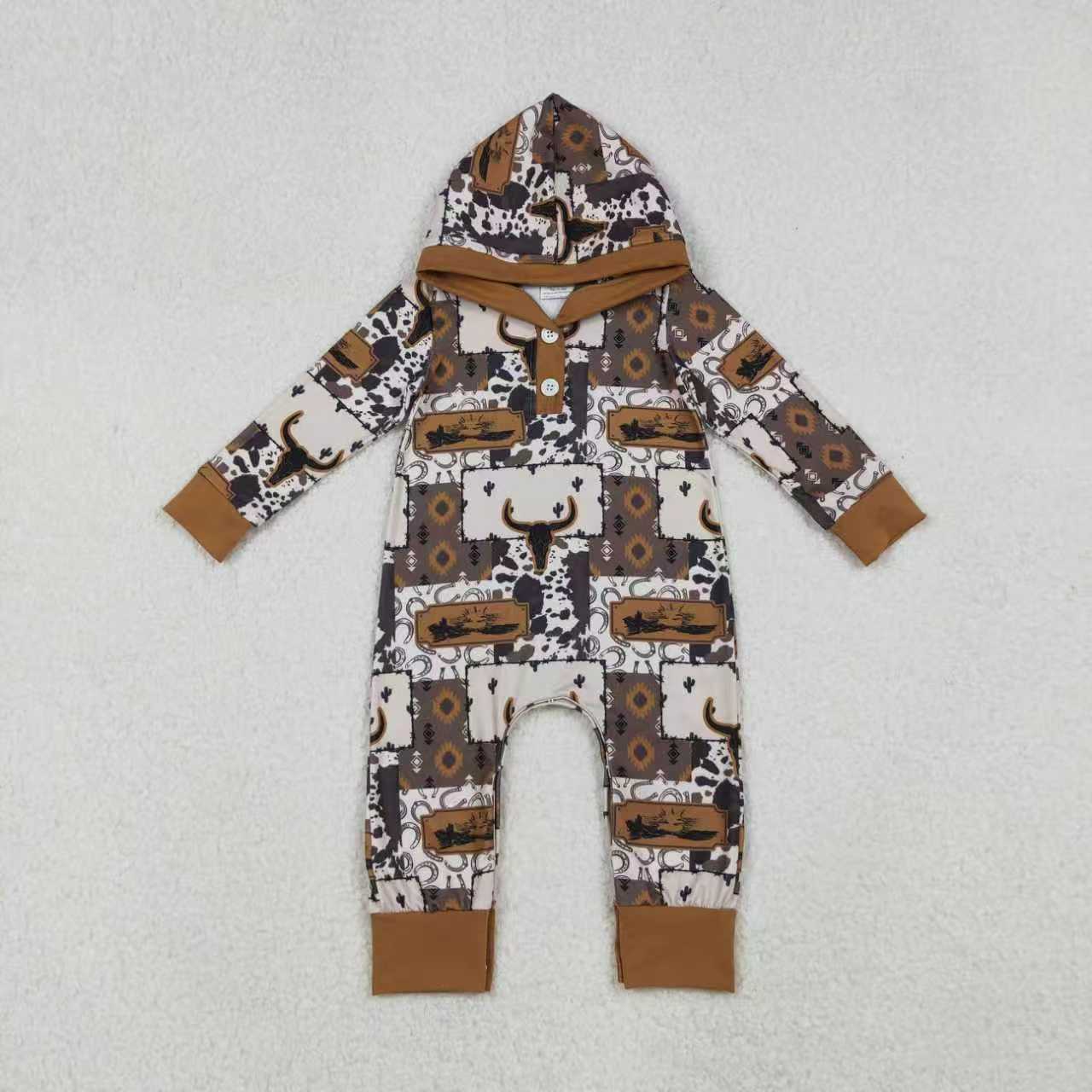 Sibling Baby Boys Aztec Bull Skull Western Clothes Sets Hoodies Footie Rompers