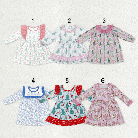 Sibling Baby Girls Bows Trees Plaid Christmas Ruffle Knee Length Dresses