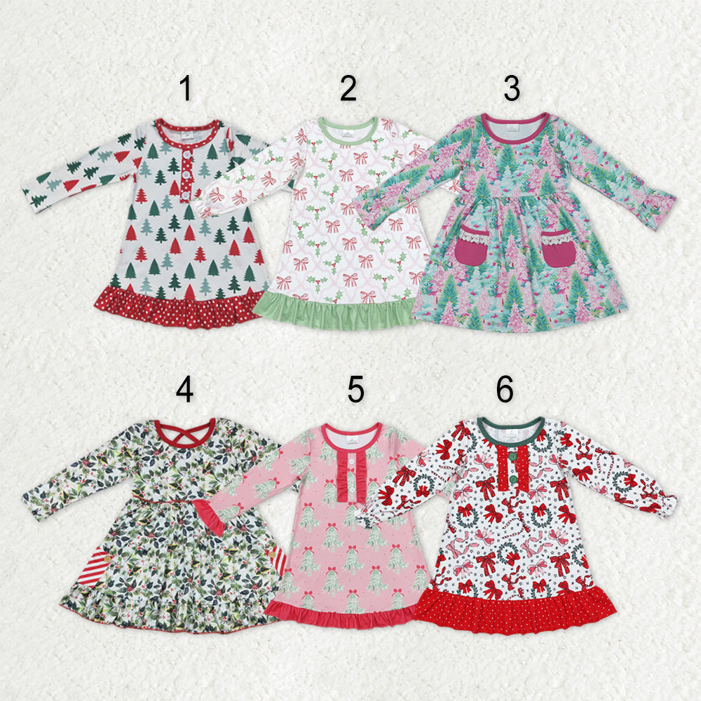 Sibling Baby Girls Bows Holly Trees Plaid Christmas Ruffle Knee Length Dresses