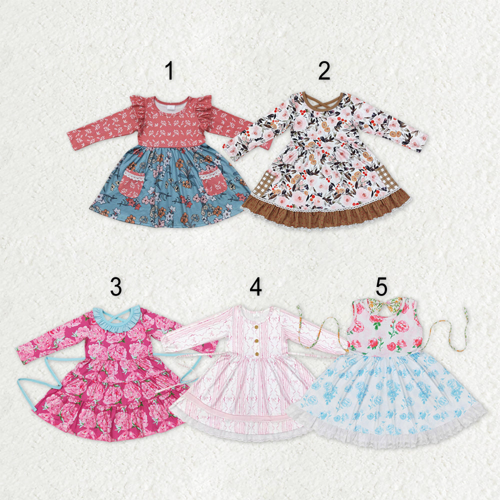 Sibling Baby Girls Bows Flowers Pockets Ruffle Knee Length Dresses With Belt
