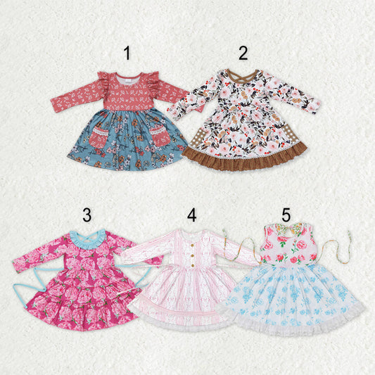 Sibling Baby Girls Bows Flowers Pockets Ruffle Knee Length Dresses With Belt