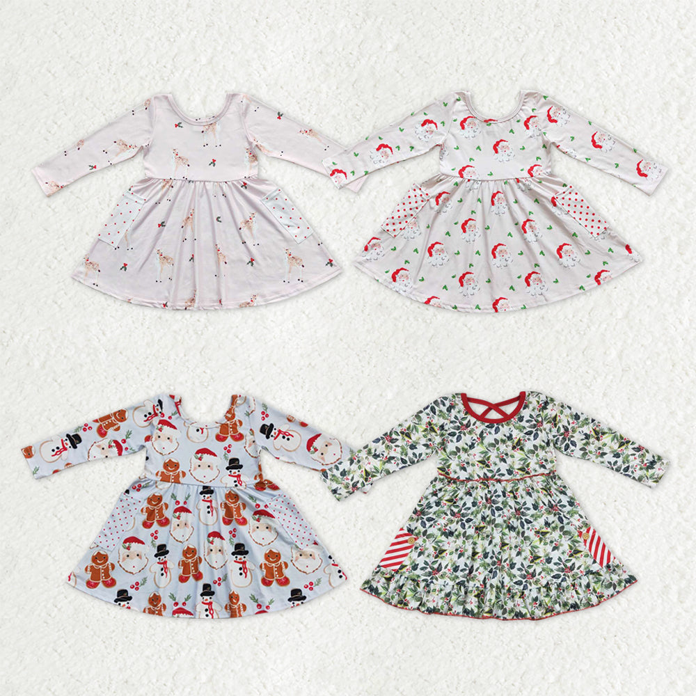 Sibling Baby Girls Santa Gingerbread Candy Cane Pockets Christmas Knee Length Dresses