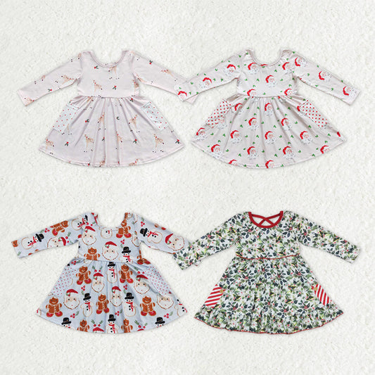 Sibling Baby Girls Santa Gingerbread Candy Cane Pockets Christmas Knee Length Dresses
