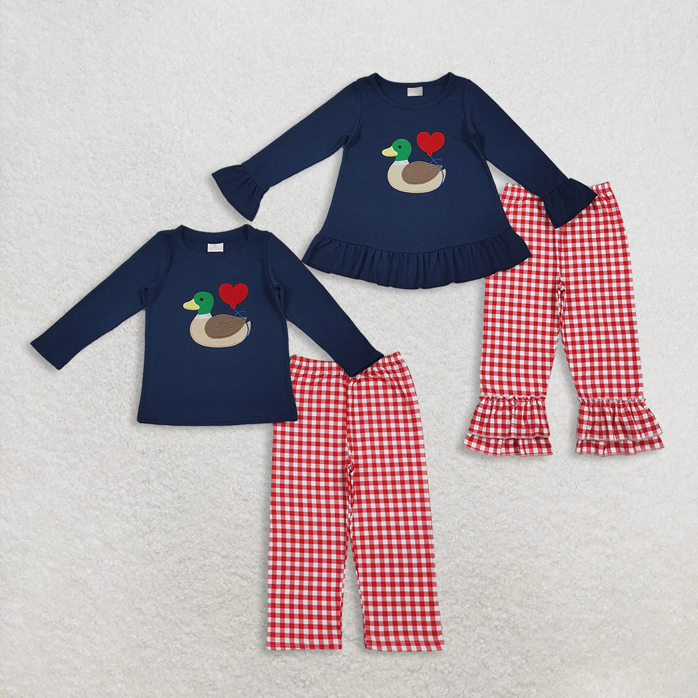 Sibling Baby Girls Embroidery Duck Hearts Top Red Checked Pants Valentine Clothes Sets
