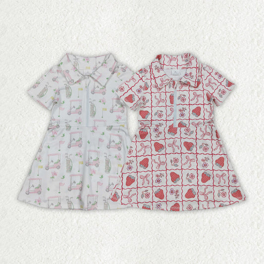 Sibling Baby Girls Short Sleeves Flowers Golf Zipper Knee Length Dresses