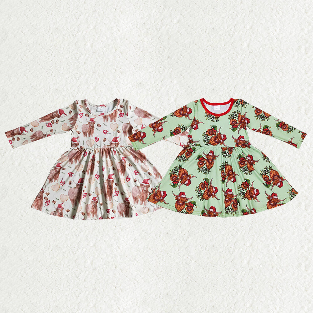Sibling Baby Girls Hats Highland Cows Plaid Christmas Ruffle Knee Length Dresses