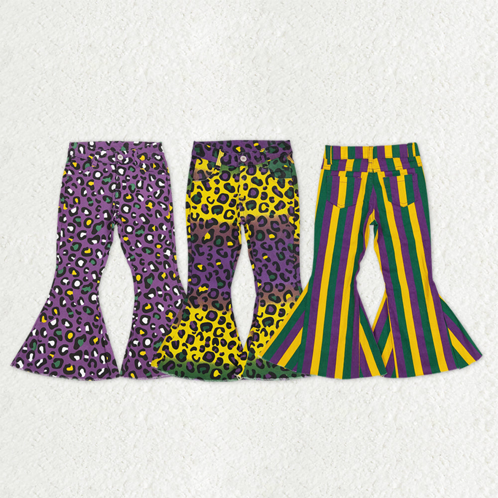 Sibling Baby Girls Mardigras Leopard Stripe Denim Bell Bottom Pants