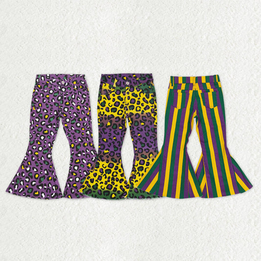 Sibling Baby Girls Mardigras Leopard Stripe Denim Bell Bottom Pants
