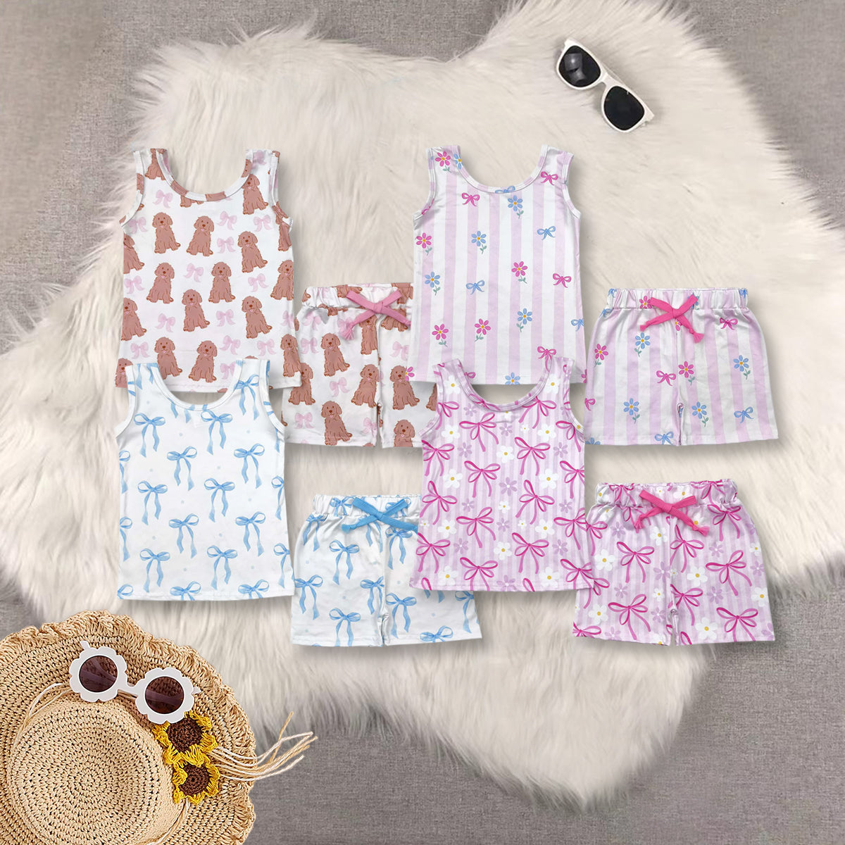 Sibling Baby Girls Sleeveless Bows Dogs Flowers Top Short With Belt Sets