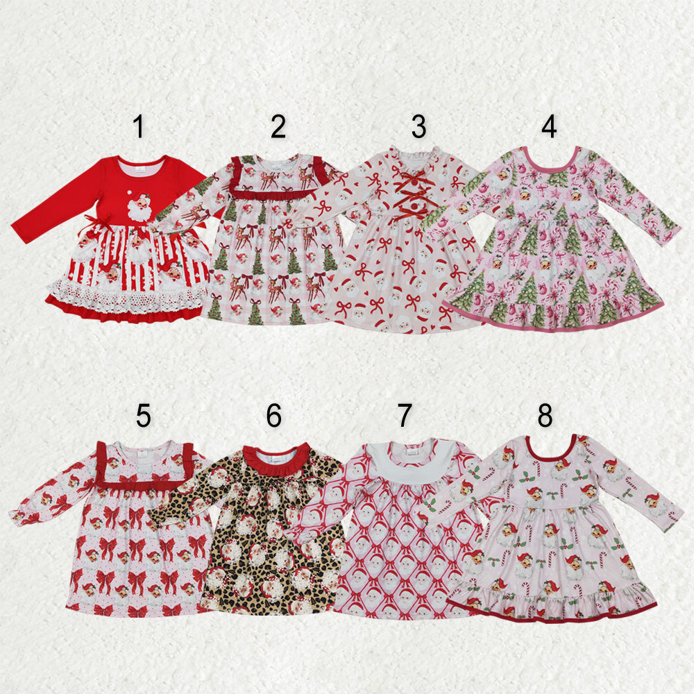 Sibling Baby Girls Bows Santa Trees Plaid Christmas Ruffle Knee Length Dresses