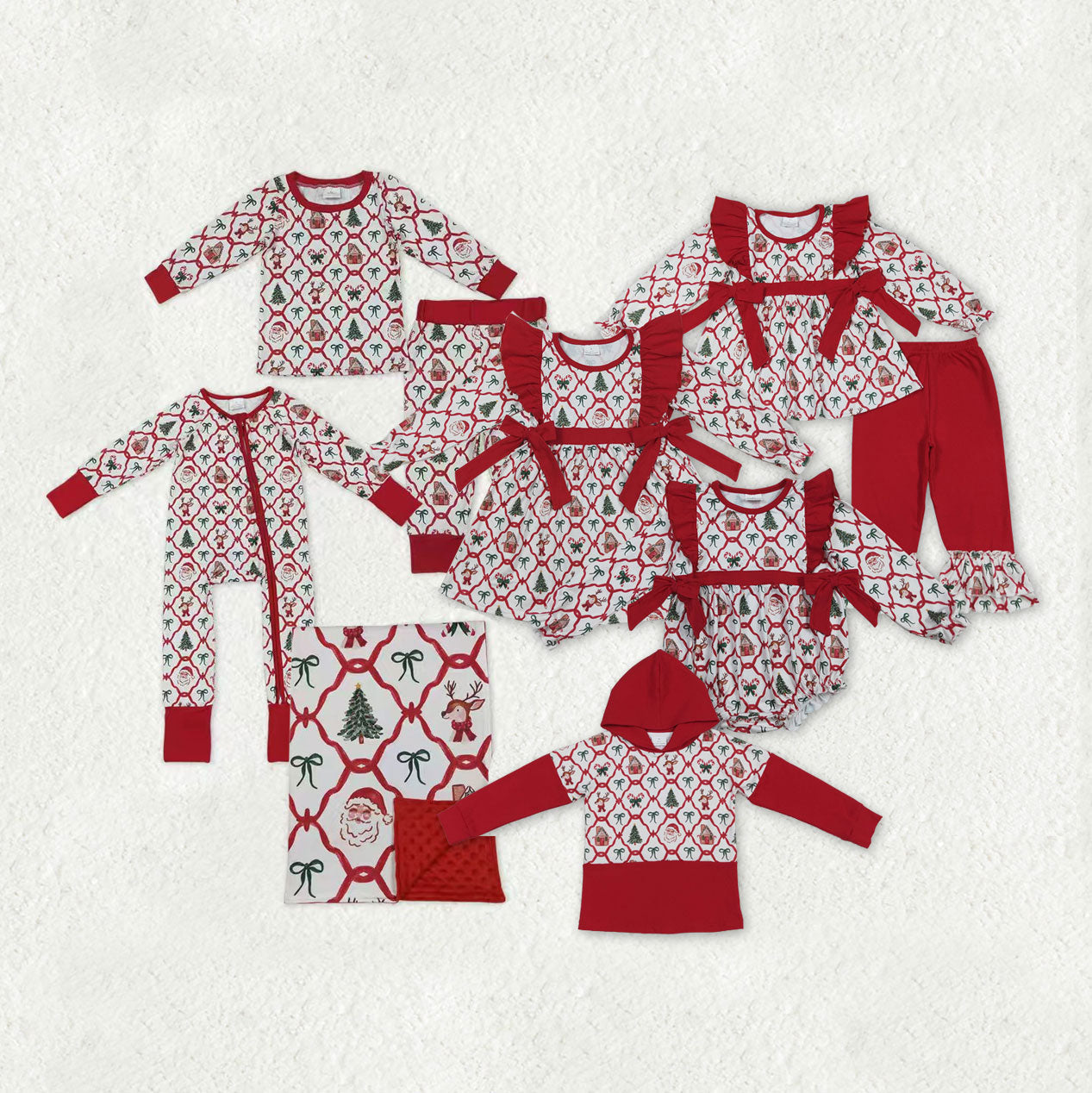 Family Sibling Baby Kids Christmas Red Bows Santa Trees Checked Clothing Clothes