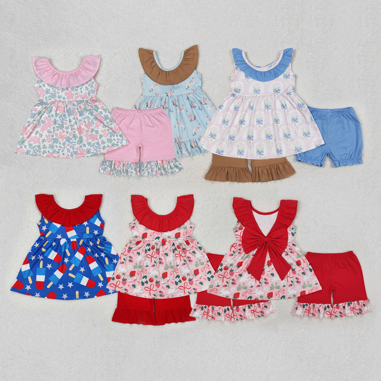 Sibling Baby Girls Sleeveless Floral Print Bow Tunic Ruffle Shorts Clothes Sets