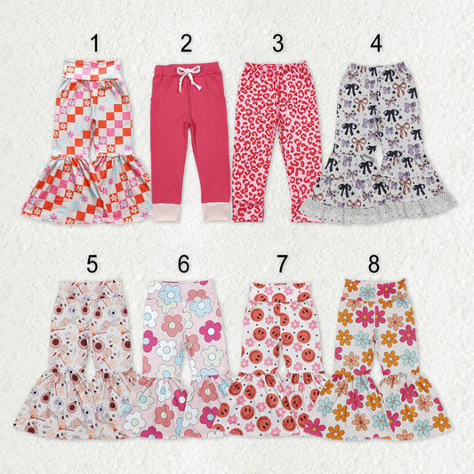 Sibling Baby Girls Colorful Flowers Bows Ruffle Bell Bottom Leggings Pants