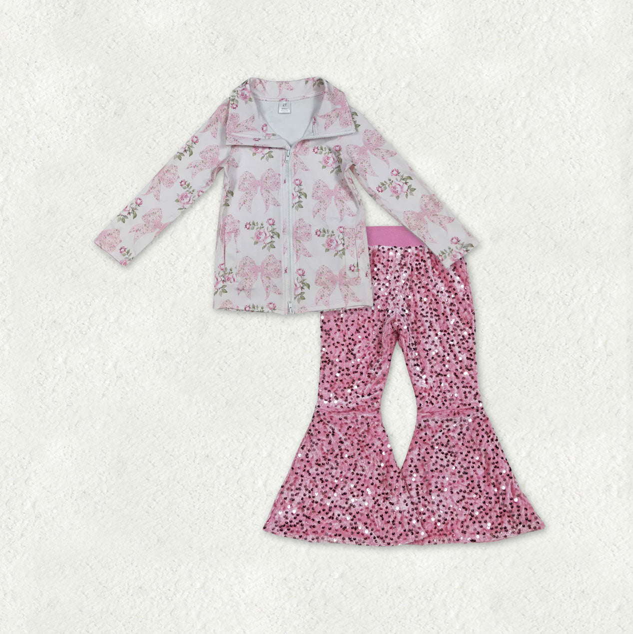 Baby Girls Pink Floral Bows Yoga Zip Pockets Jacket Sequin Bell Bottom Pants Clothes Sets
