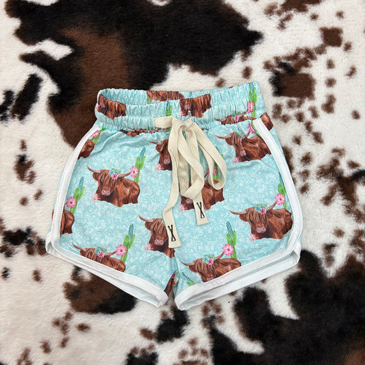 girls green highland cow cactus shorts SS0123