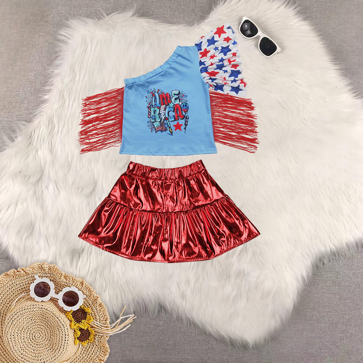 Sibling Baby Girls Short Sleeves Cow Stars Top Red Leather Skirts Western 4th Of July Sets