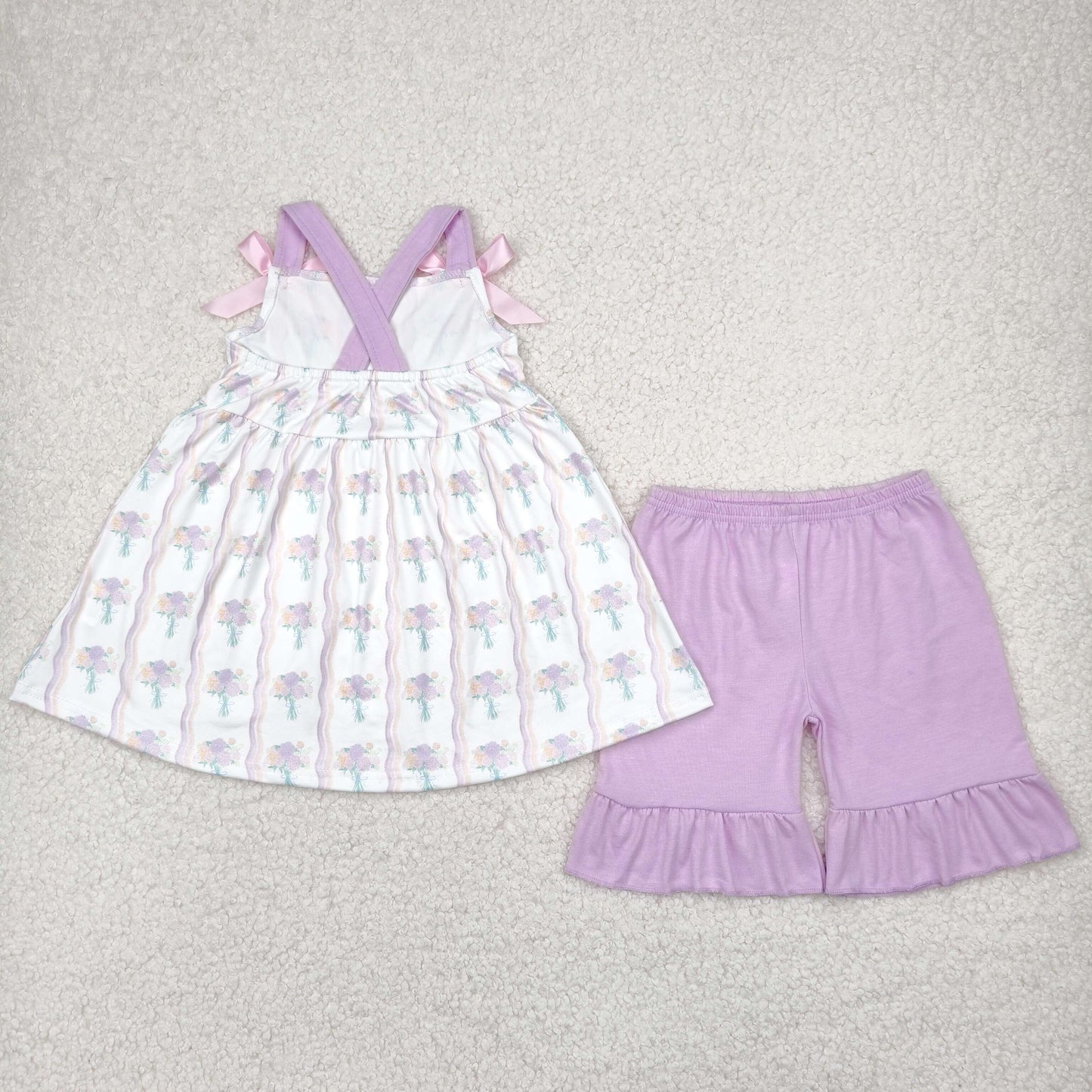 Sibling Baby Girls Lavender Strap Floral Stripe Tunic Ruffle Shorts Sets Rompers