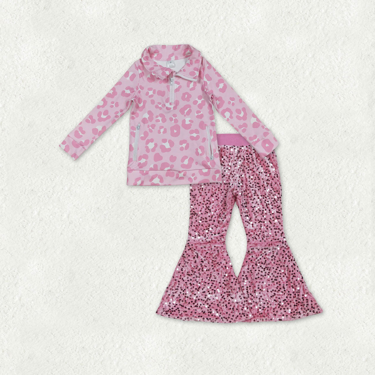 Baby Girls Pink Leopard Yoga Zip Pockets Jacket Sequin Bell Bottom Pants Clothes Sets