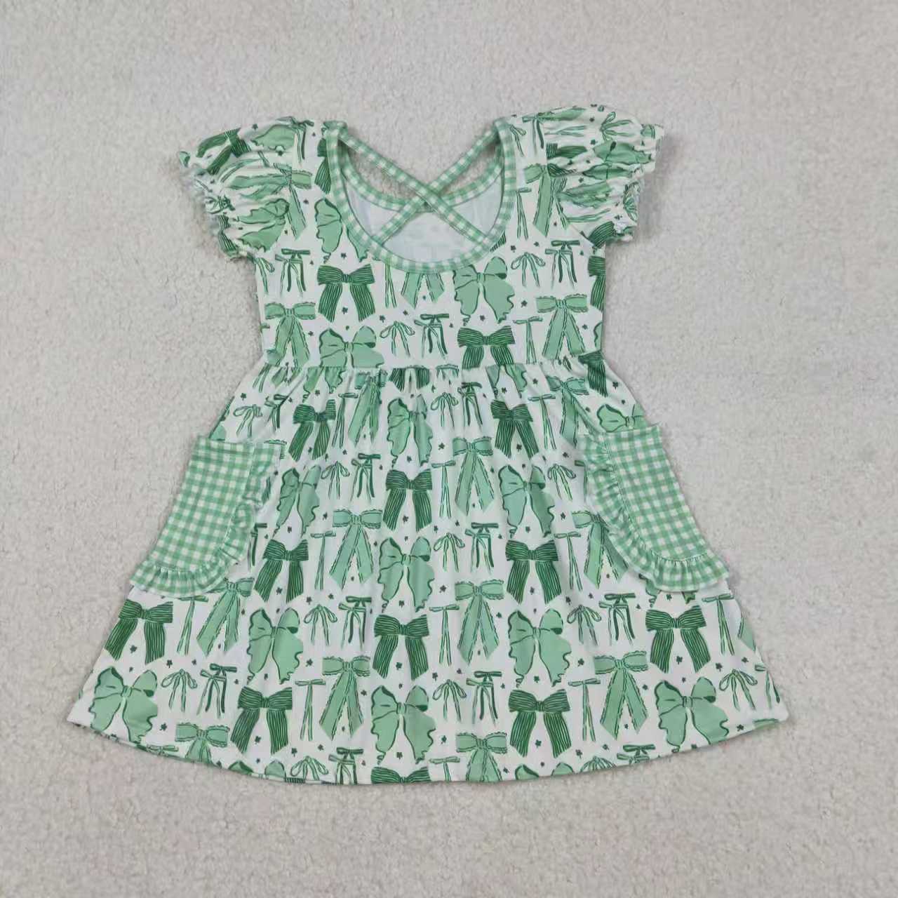 Sibling Baby Girls Green Bows Clovers Pockets St Patrick Knee Length Dress Ruffle Rompers