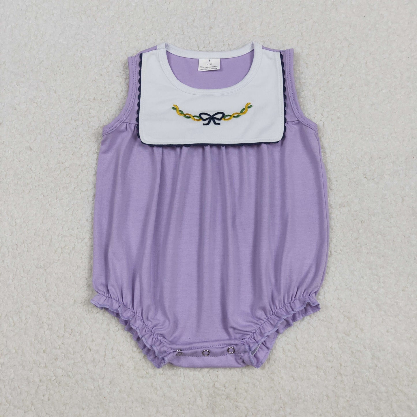 Sibling Baby Girls Mardigras Lavender Embroidery Bows Knee Length Dress Ruffle Rompers