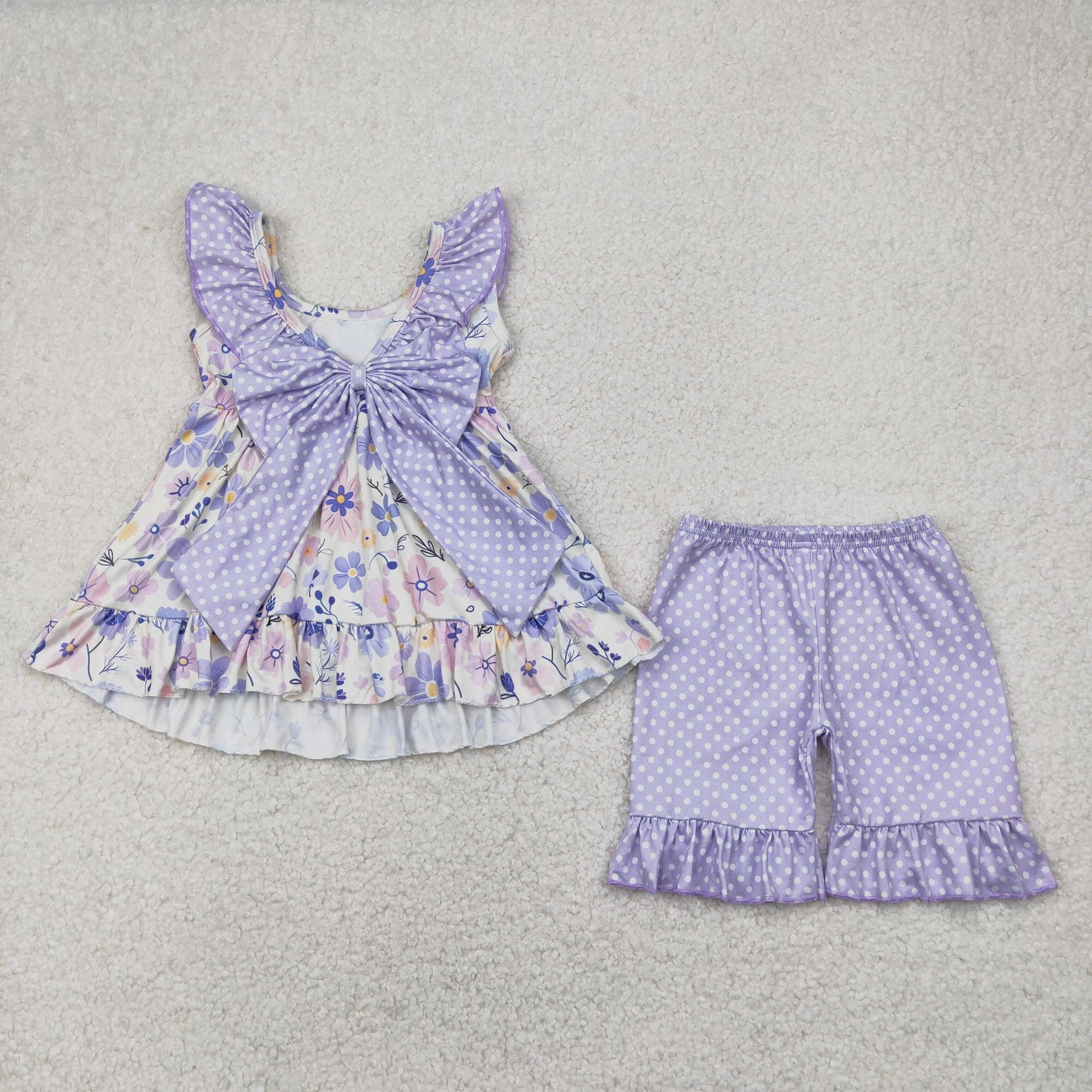 Sibling Baby Girls Lavender Flowers Bow Tunic Ruffle Shorts Clothes Sets Rompers
