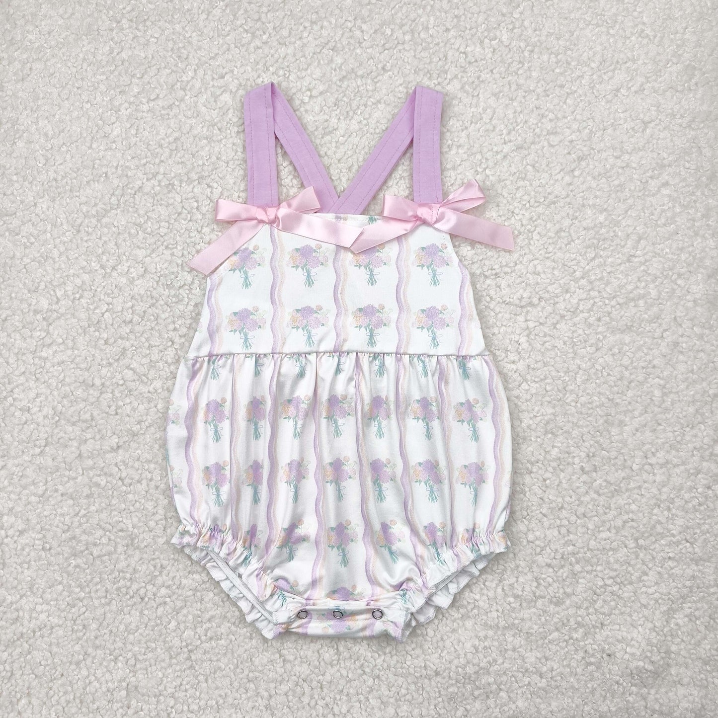 Sibling Baby Girls Lavender Strap Floral Stripe Tunic Ruffle Shorts Sets Rompers