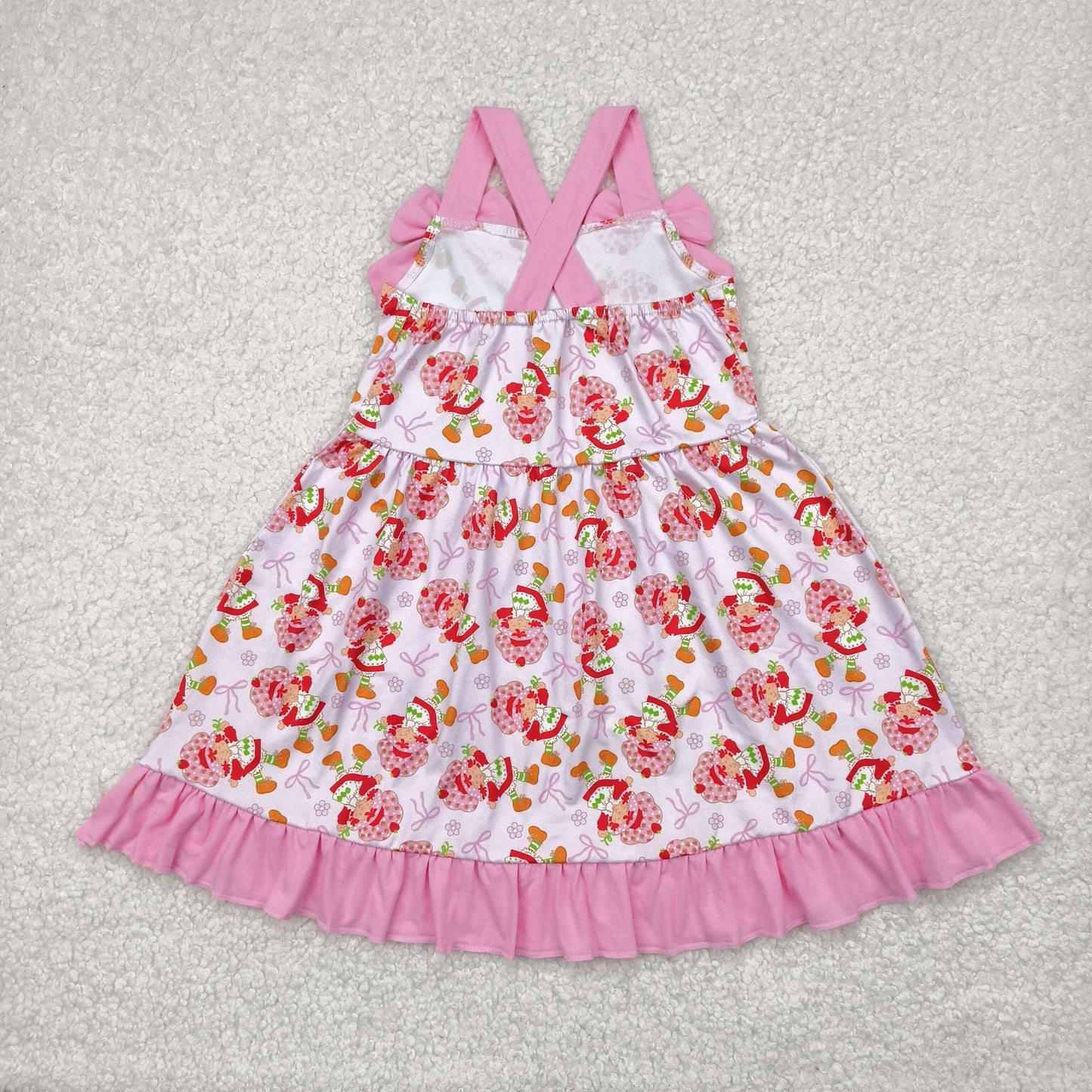 Sibling Baby Girls Pink Strap Bows Strawberry Floral Knee Length Dresses Rompers