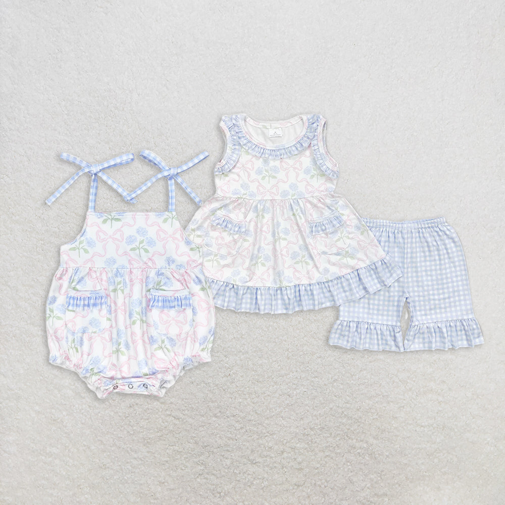 Sibling Baby Girls Bows Flowers Pockets Tunic Ruffle Shorts Clothes Sets Rompers