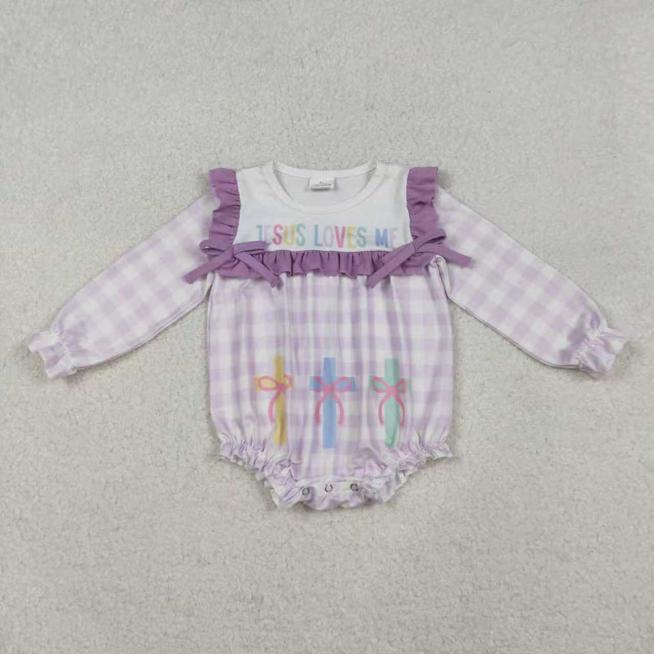 Sibling Baby Girls Lavender Checked Jesus Love Me Crosses Knee Length Dress Romper