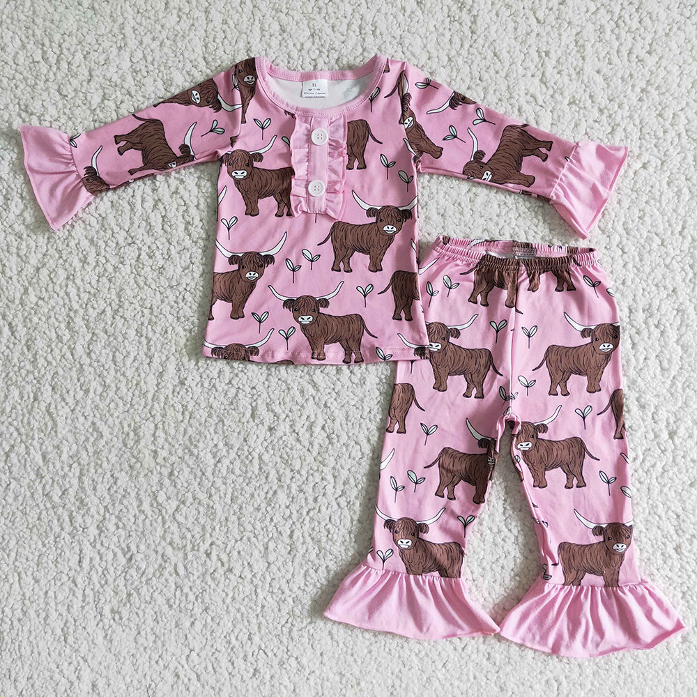 girls pink cows western cactus pajamas set 6 A11-12