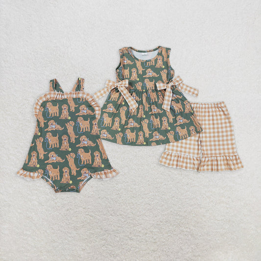 Sibling Baby Girls Green Sleeveless Dogs Bows Tunic Khaki Plaid Ruffle Shorts Sets Rompers