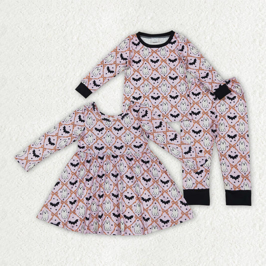 Sibling Baby Girls Ghosts Bats Checked Halloween Pajamas Sets Knee Length Dresses