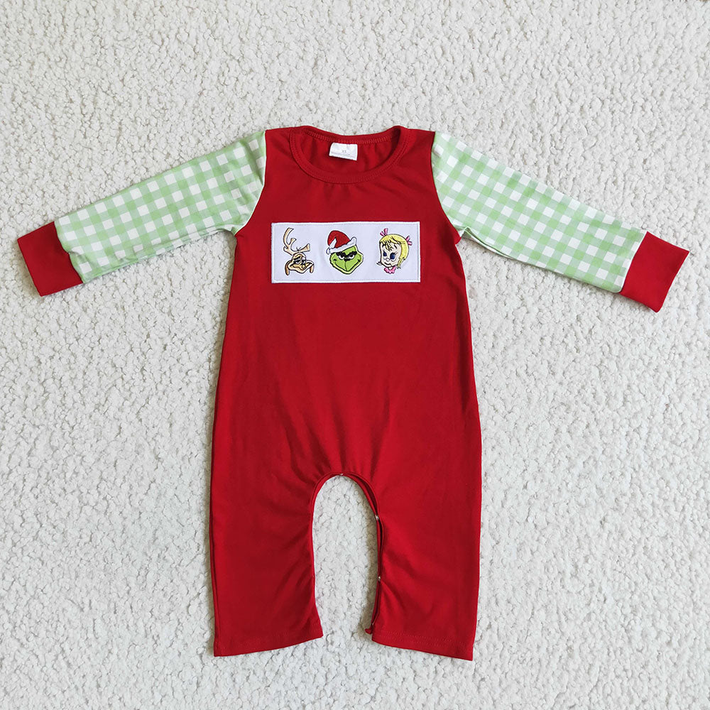 Sibling Baby Boys Girls Embroidery Green Checked Green Face Christmas Clothes Sets Rompers Knee Length Dresses