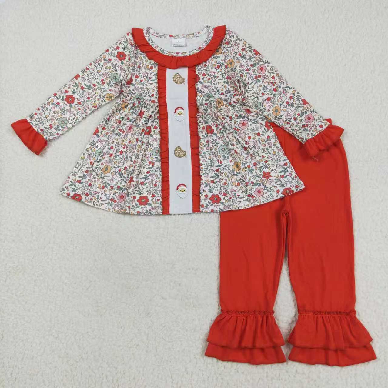 Sibling Embroidery Santa Cookie Baby Girls Floral Christmas Clothes Sets Rompers Knee Length Dresses