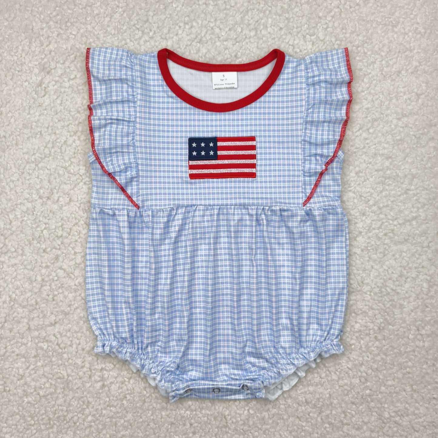 Sibling Embroidery Flag Baby Girls Blue Checkered Tunic Ruffle Shorts Clothes Sets Rompers