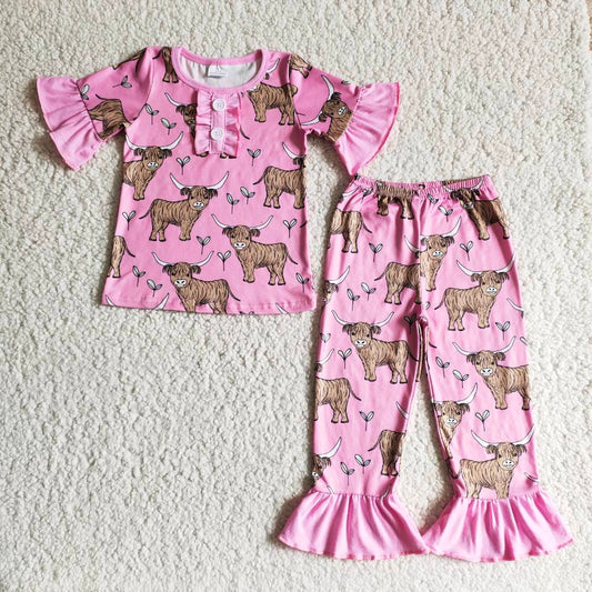 girls pink cows western cactus short sleeve pajamas sets B7-25