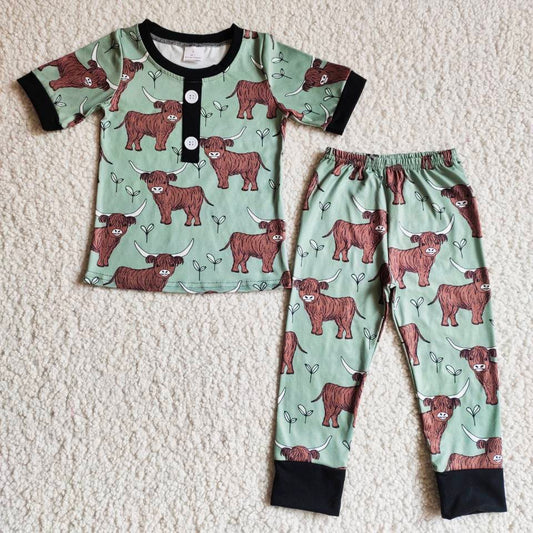 boys green cows western short sleeve pajamas sets B9-25