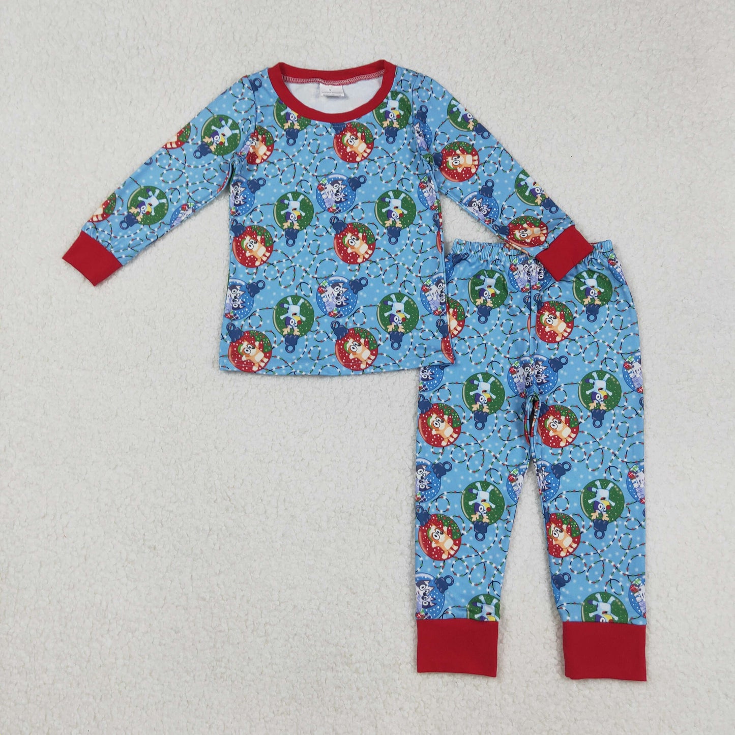 BLP0638 Baby Boys Cartoon Blue Dogs Lights Checked Top Pants Christmas Pajamas Sets
