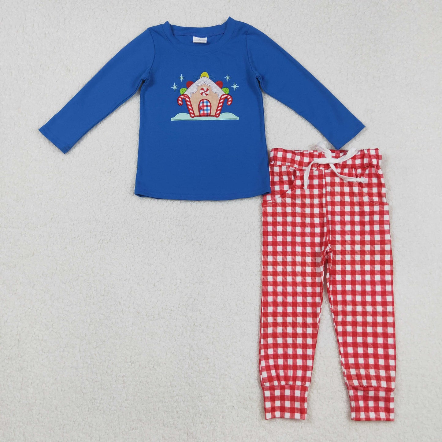 BLP1151 Baby Boys Embroidery Candy Cane House Top Checked Pockets Pant Christmas Clothes Sets
