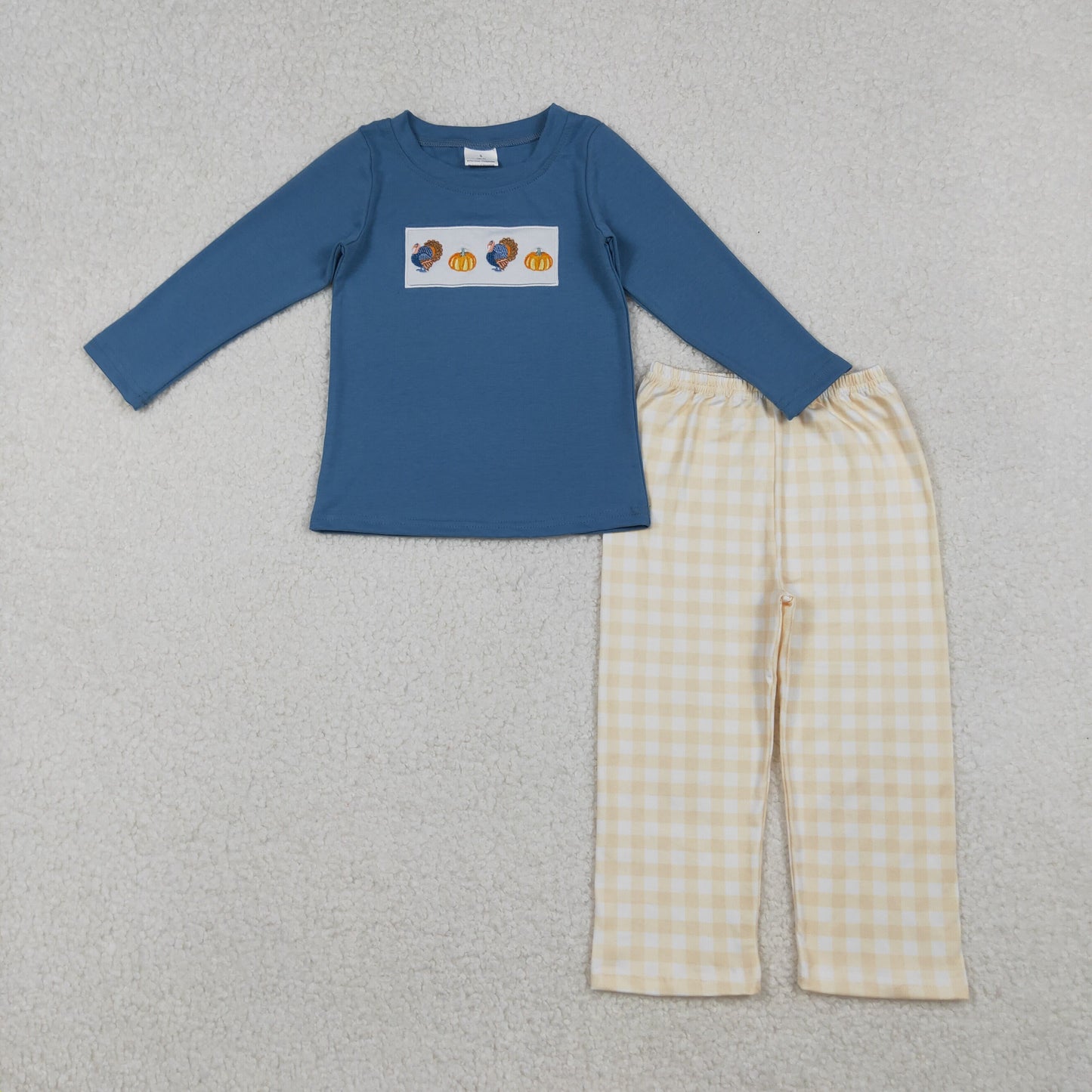 BLP1176 Baby Boys Embroidery Turkey Pumpkins Top Checked Pant Thanksgiving Clothes Sets
