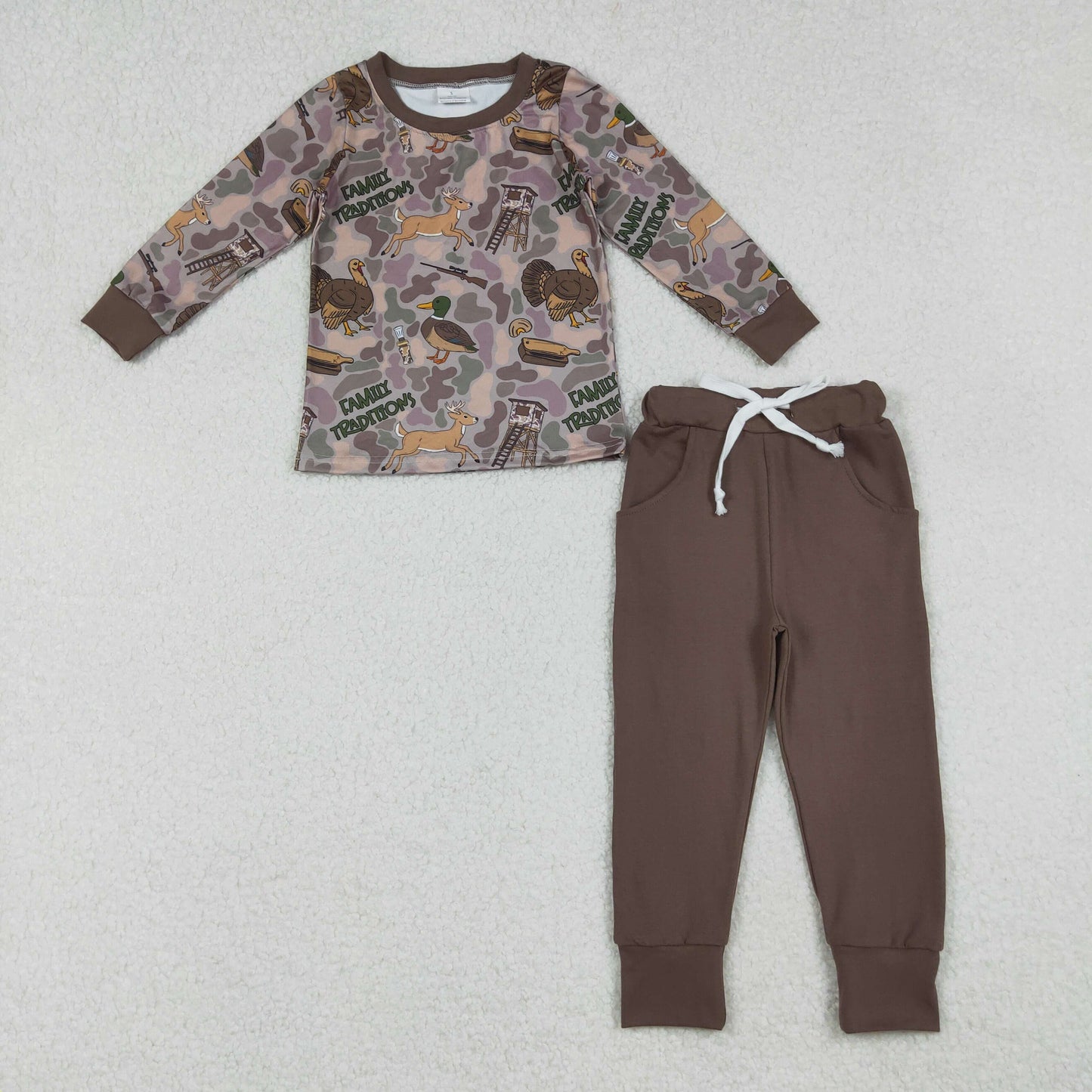 BLP1178 Baby Boys Brown Camo Turkey Ducks Top Pockets Jogger Pant Hunting Clothes Sets