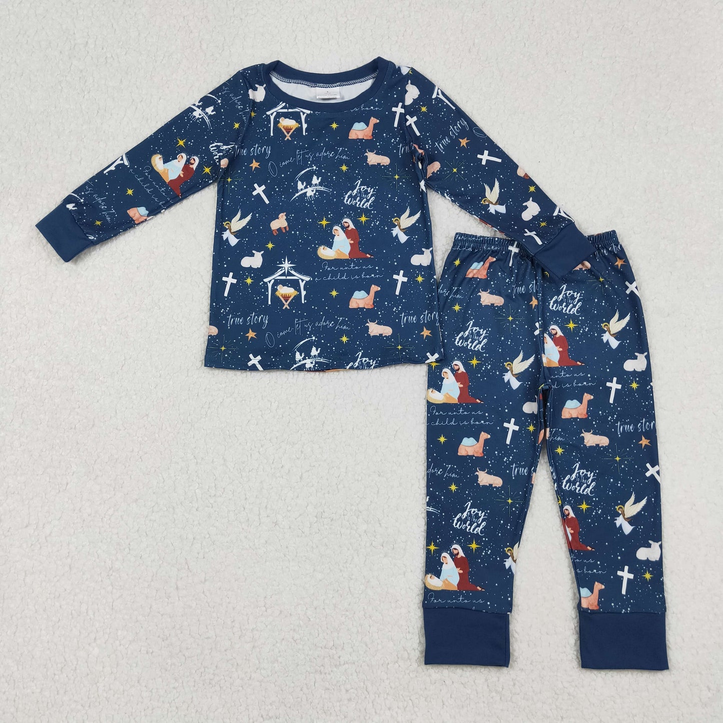 BLP1198 Baby Boys Navy Nativity Cross Top Pants Christmas Pajamas Sets