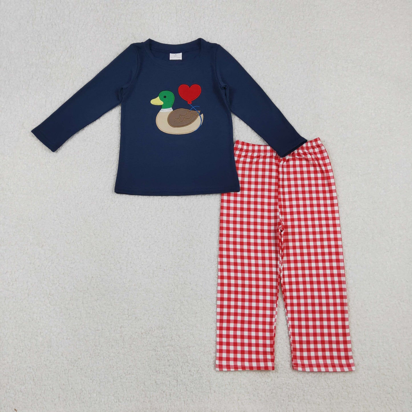 Sibling Baby Girls Embroidery Duck Hearts Top Red Checked Pants Valentine Clothes Sets