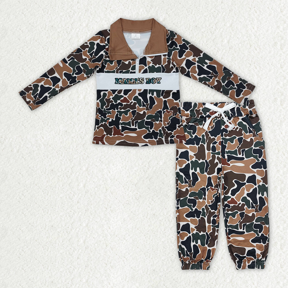 BLP1325 Baby Boys Dark Brown Camo Embroidery Mama's Boy Zipper Pullover Pockets Jogger Clothes Sets