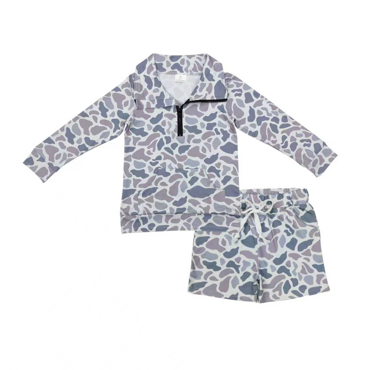 BLS0007 Baby Boys Grey Camo Zipper Pullovers Pockets Shorts Southern Clothes Set