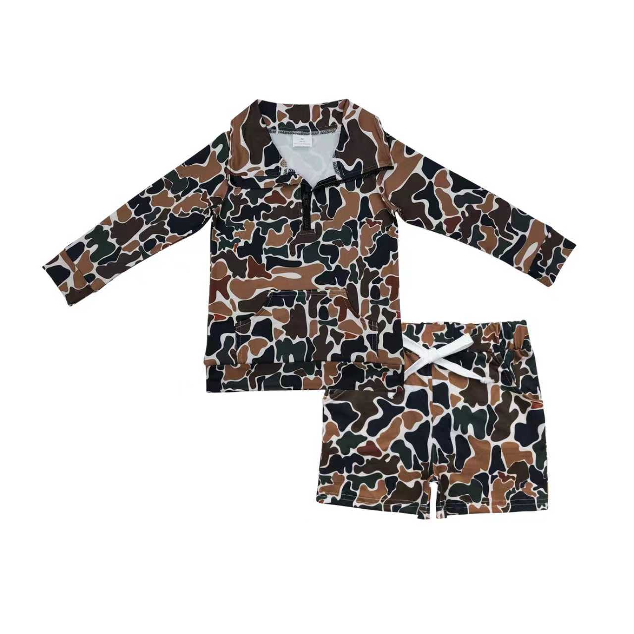 BLS0008 Baby Boys Dark Brown Camo Zipper Pullovers Pockets Shorts Southern Clothes Set