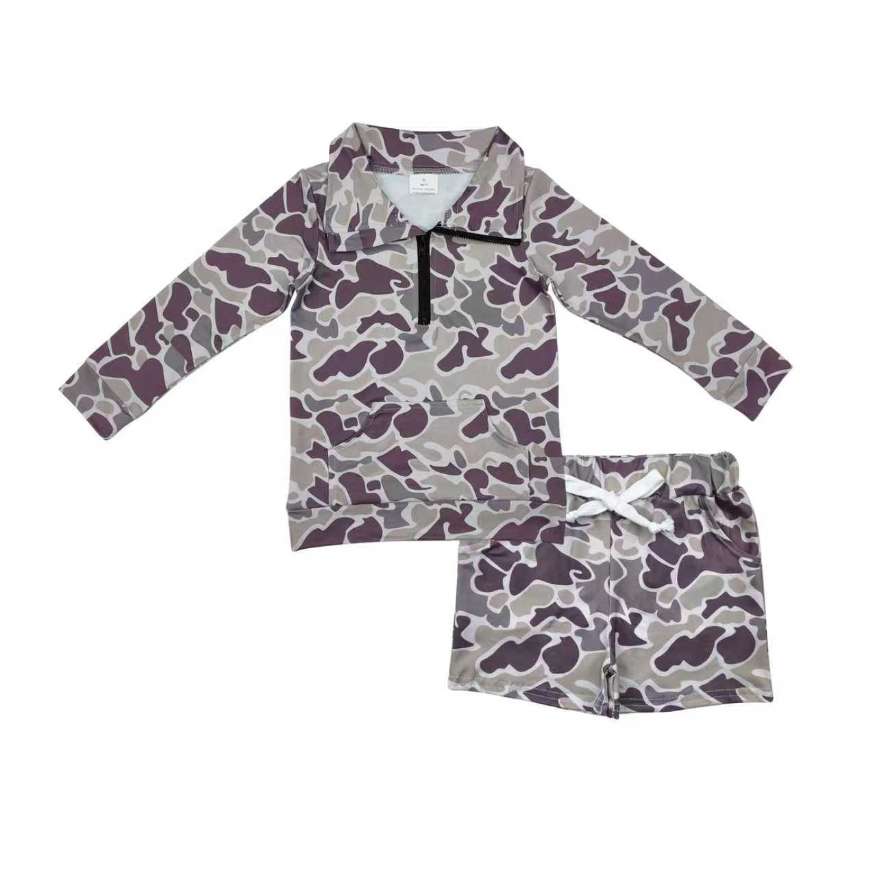 BLS0009 Baby Boys Grey Purple Camo Zipper Pullovers Pockets Shorts Southern Clothes Set