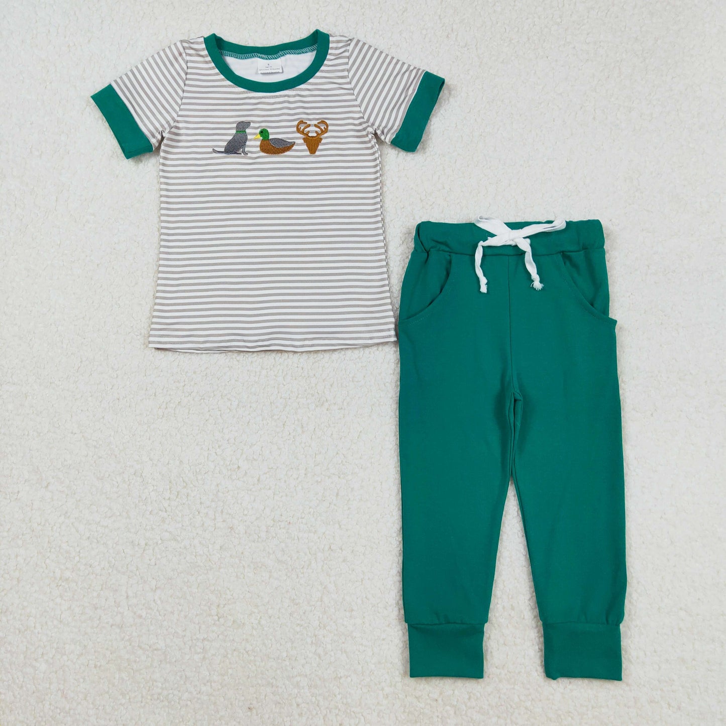 BSPO0154 Baby Boys Embroidery Dog Ducks Deer Stripe Top Pockets Pant Southern Clothes Sets